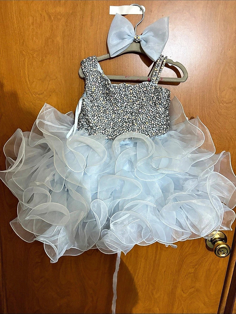Cupcake pageant dress  Size 18 months light Blue Rhinestone Bow